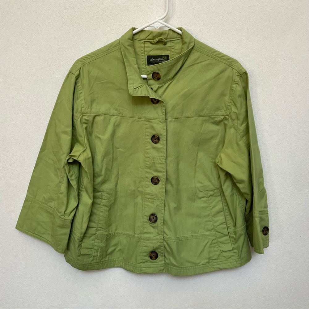 Eddie Bauer 100% Cotton Green Large Button Front Coat Size XL Spring Transition